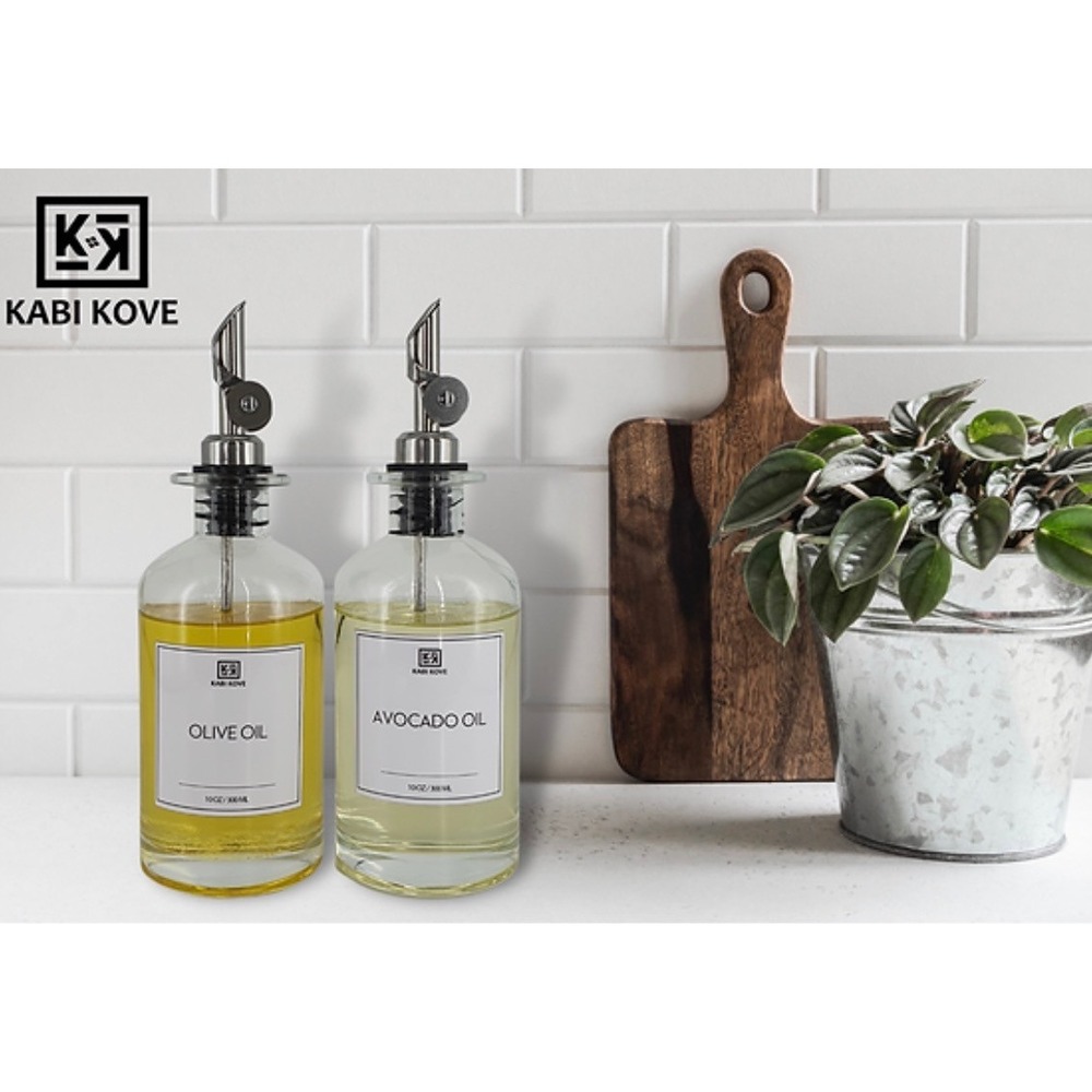 Glass Oil & Vinegar Dispenser Set 300ml | Weighted Pour Spouts | Labels | Funnel - Picture 4 of 4